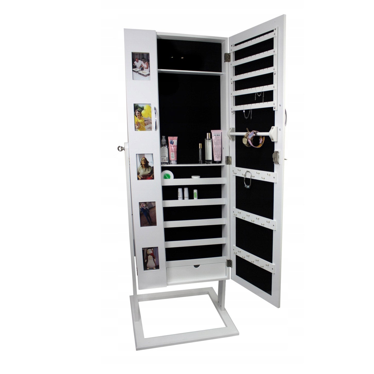 Dulap de toaleta cu oglinda, 2 usi cu spatiu dublu de depozitare bijuterii si cosmetice, 5 rame foto, 48x56x151cm, alb