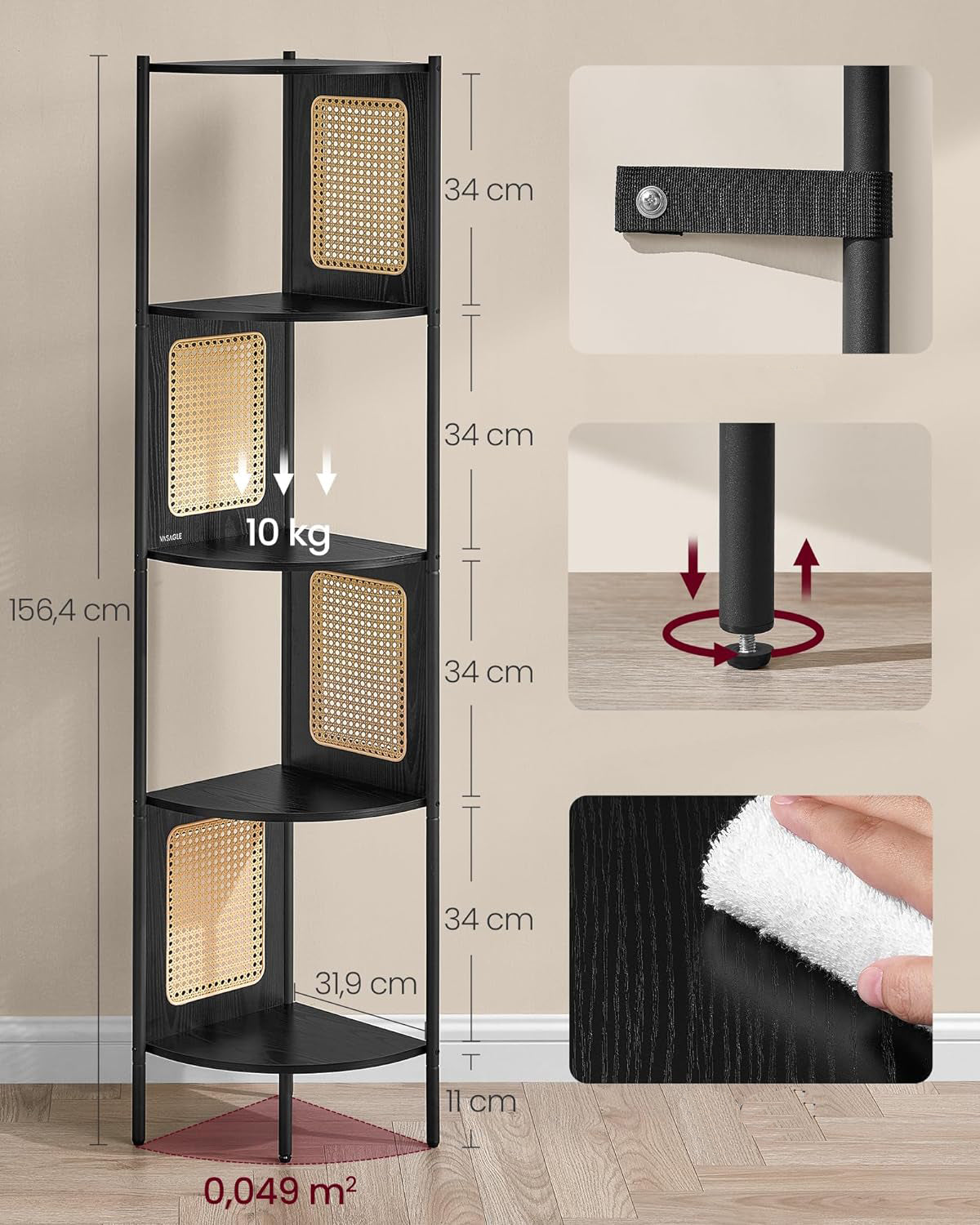 VASAGLE Raft de colt boho, cadru metalic, polite MDF si panouri poliratan, 32x32x156cm, negru - 3