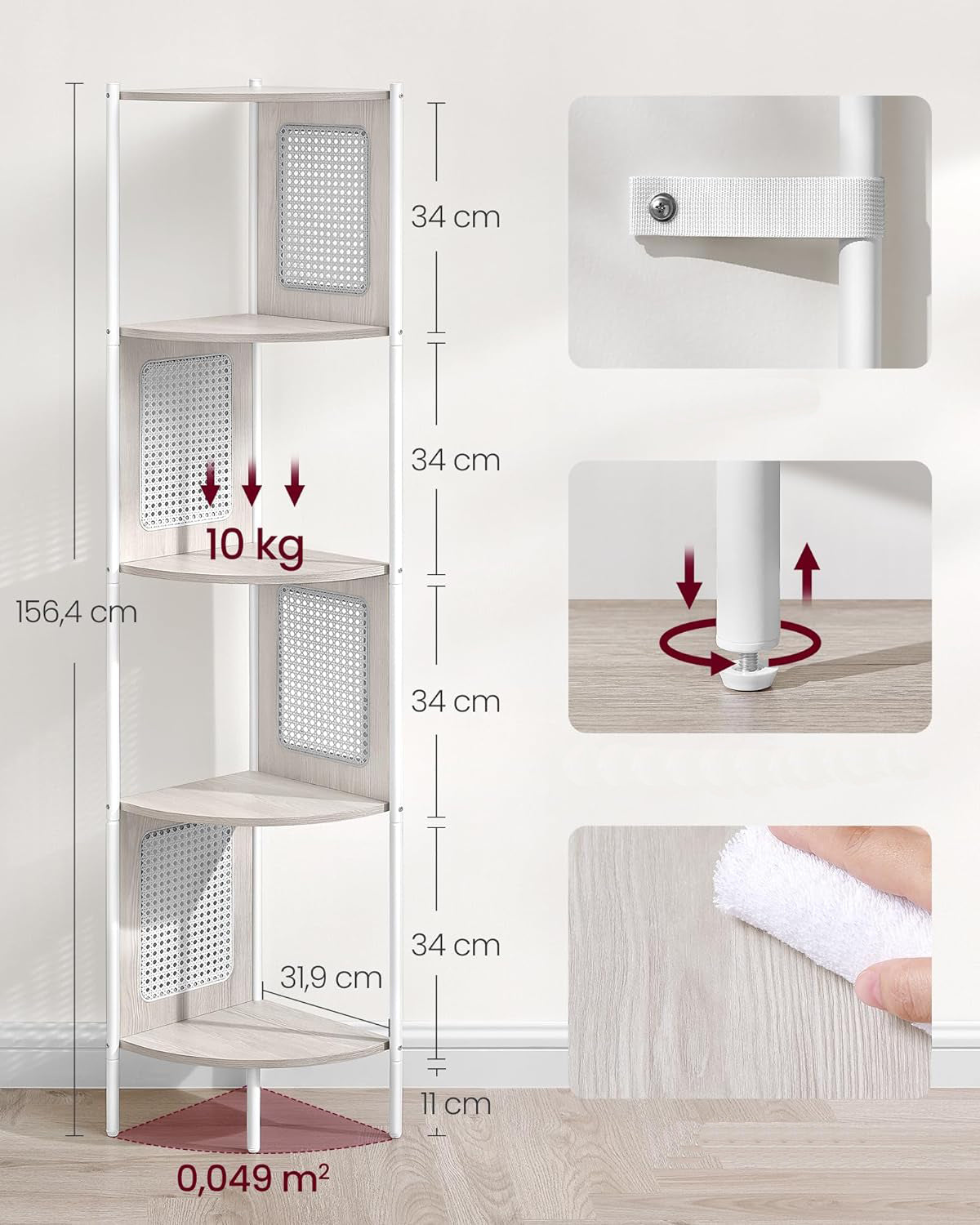 VASAGLE Raft de colt boho, cadru metalic, polite MDF si panouri poliratan, 32x32x156cm, alb - 3