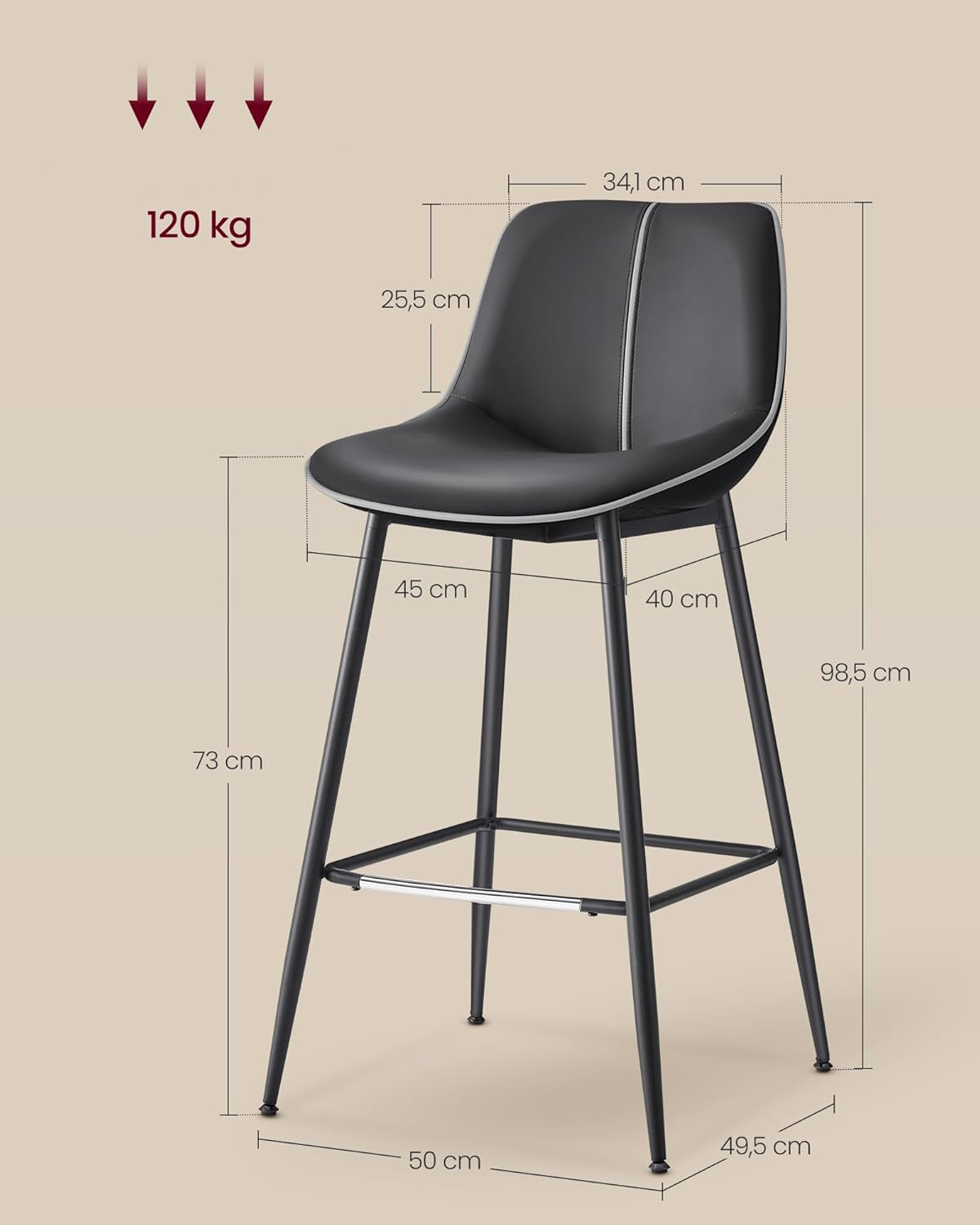 VASAGLE Set 2 scaune de bar, spatar ergonomic din piele ecologica, cadru metalic, 50x50x99 cm, negru