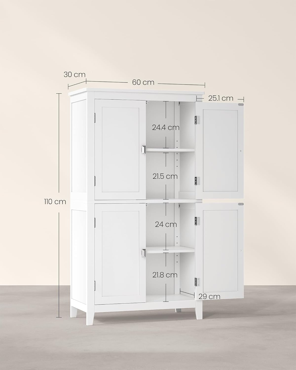 VASAGLE Dulap de baie, din MDF, cu 2 compartimente si 4 usi, rafturi reglabile, 30x60x110cm, alb - 3