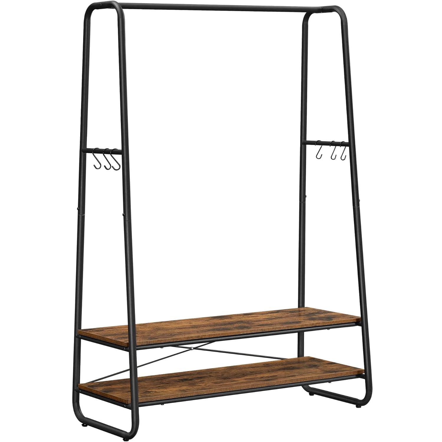 VASAGLE Raft pentru haine cu suport pentru pantofi, 2 polite, 6 carlige laterale, 45x100x160cm, maro rustic