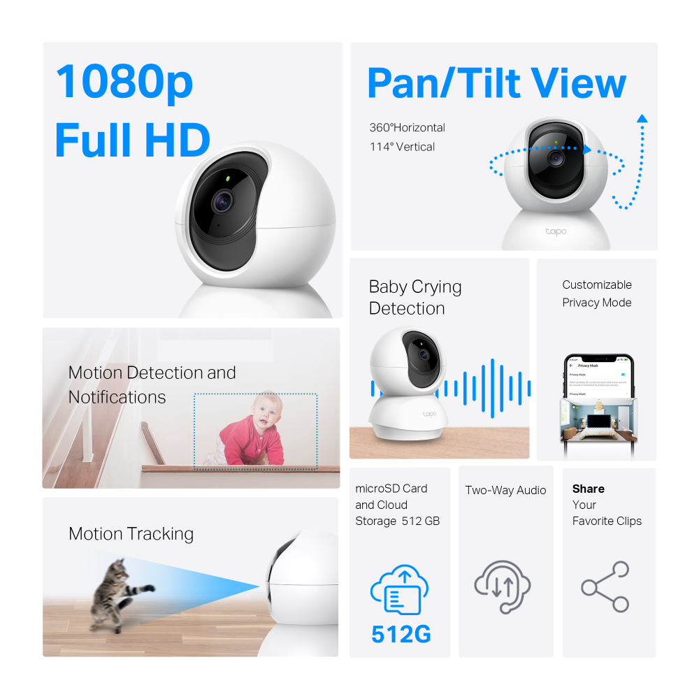 CAMERA IP TP-LINK, include 2 bucati Tapo C200, wireless, cube, pt. interior, dist. IR 9 m, tip lentila fixa 4 mm, 2 Mpx, microfon, carcasa plastic, slot SD card, "Tapo C200P2"