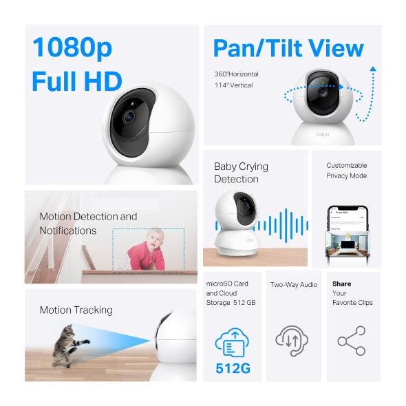 CAMERA IP TP-LINK, wireless, cube, pt. interior, dist. IR 9 m, tip lentila fixa 4 mm, 2 Mpx, microfon, carcasa plastic, slot SD card, "Tapo C200C"