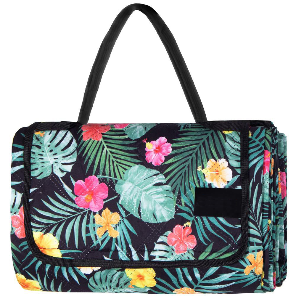Patura pentru picnic sau plaja, cu folie izolatoare si maner, 150x200cm, negru floral