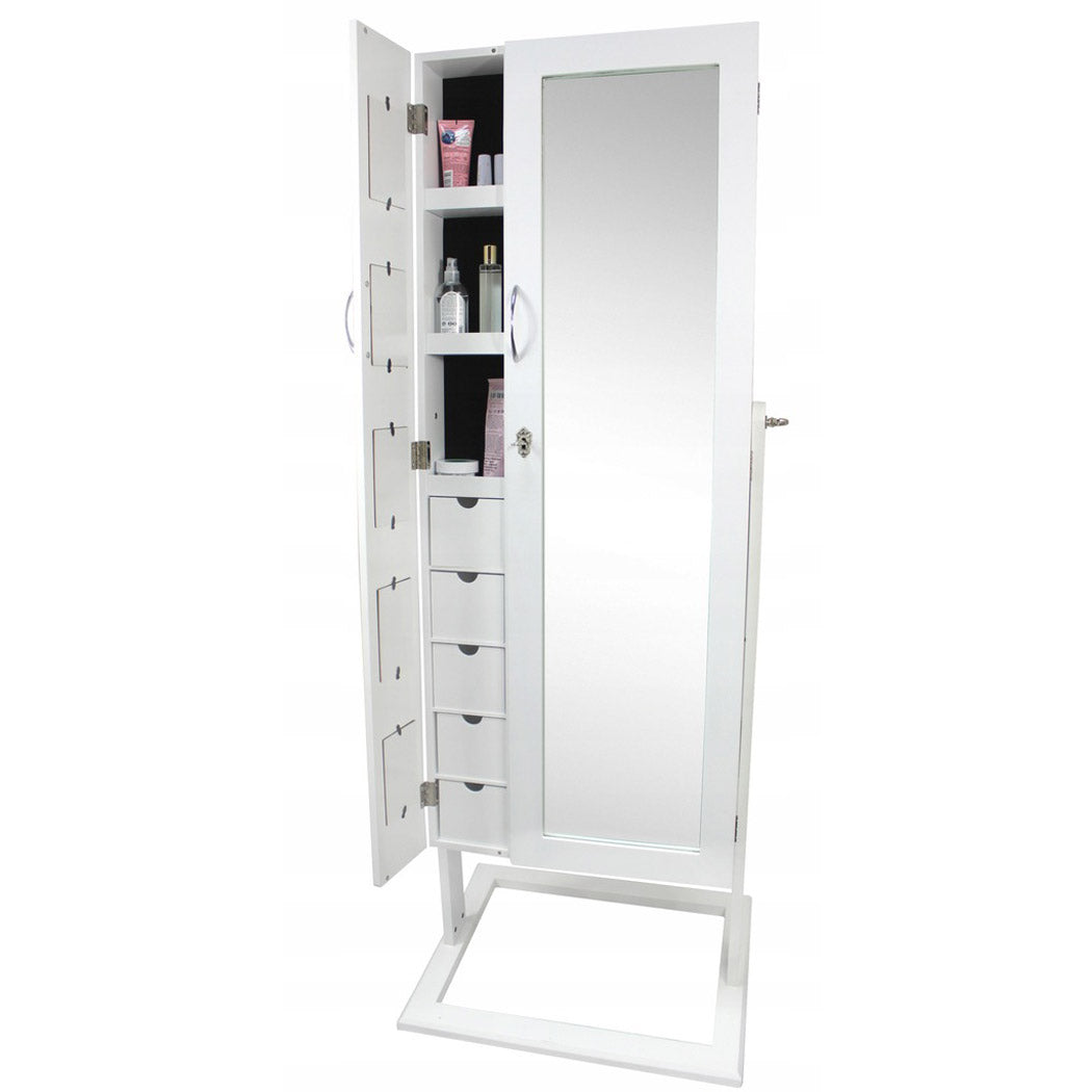 Dulap de toaleta cu oglinda, 2 usi cu spatiu dublu de depozitare bijuterii si cosmetice, 5 rame foto, 48x56x151cm, alb