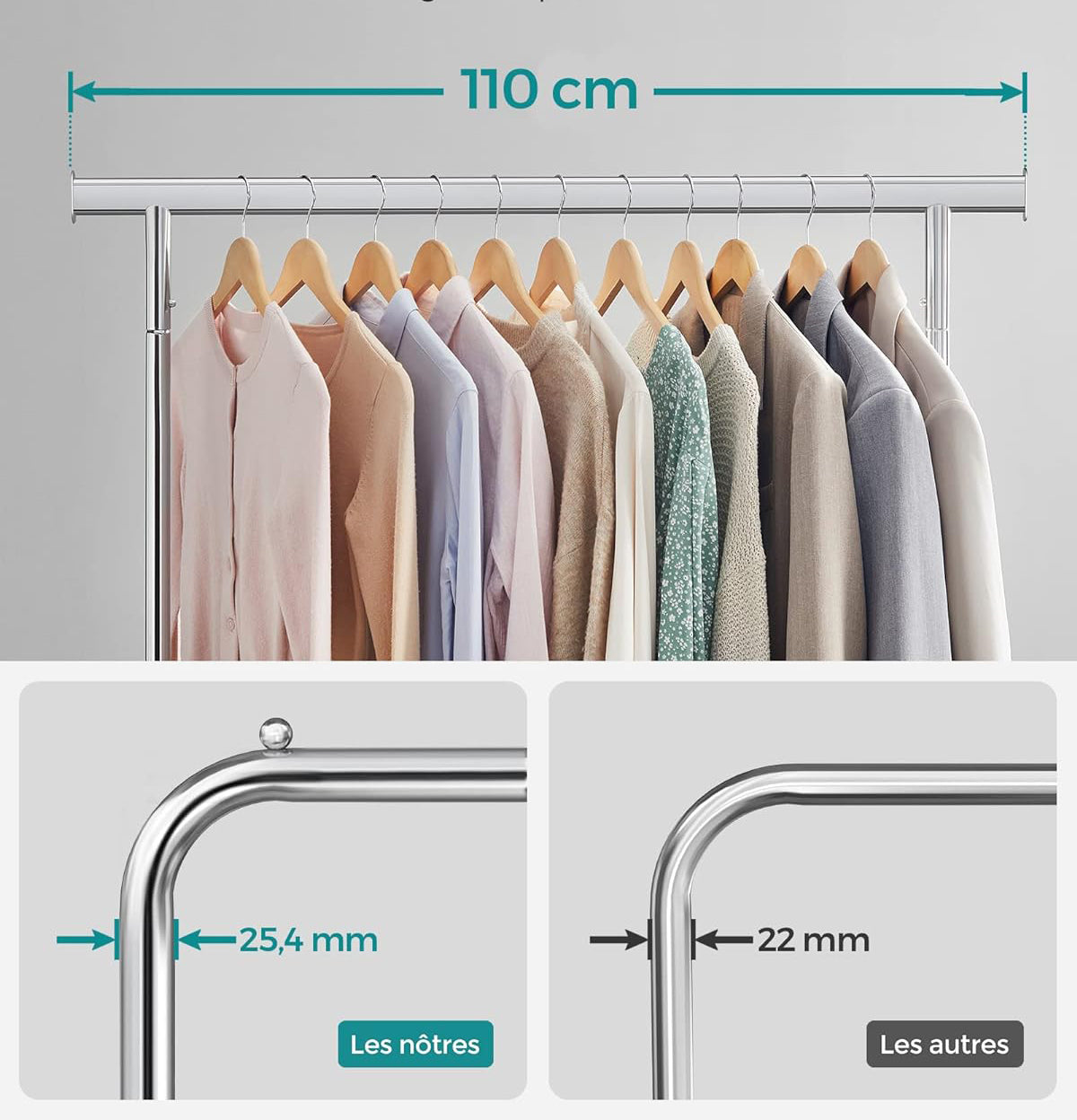 SONGMICS Suport pentru haine cu sina superioara, pe roti, 48x110x163cm, inox argintiu