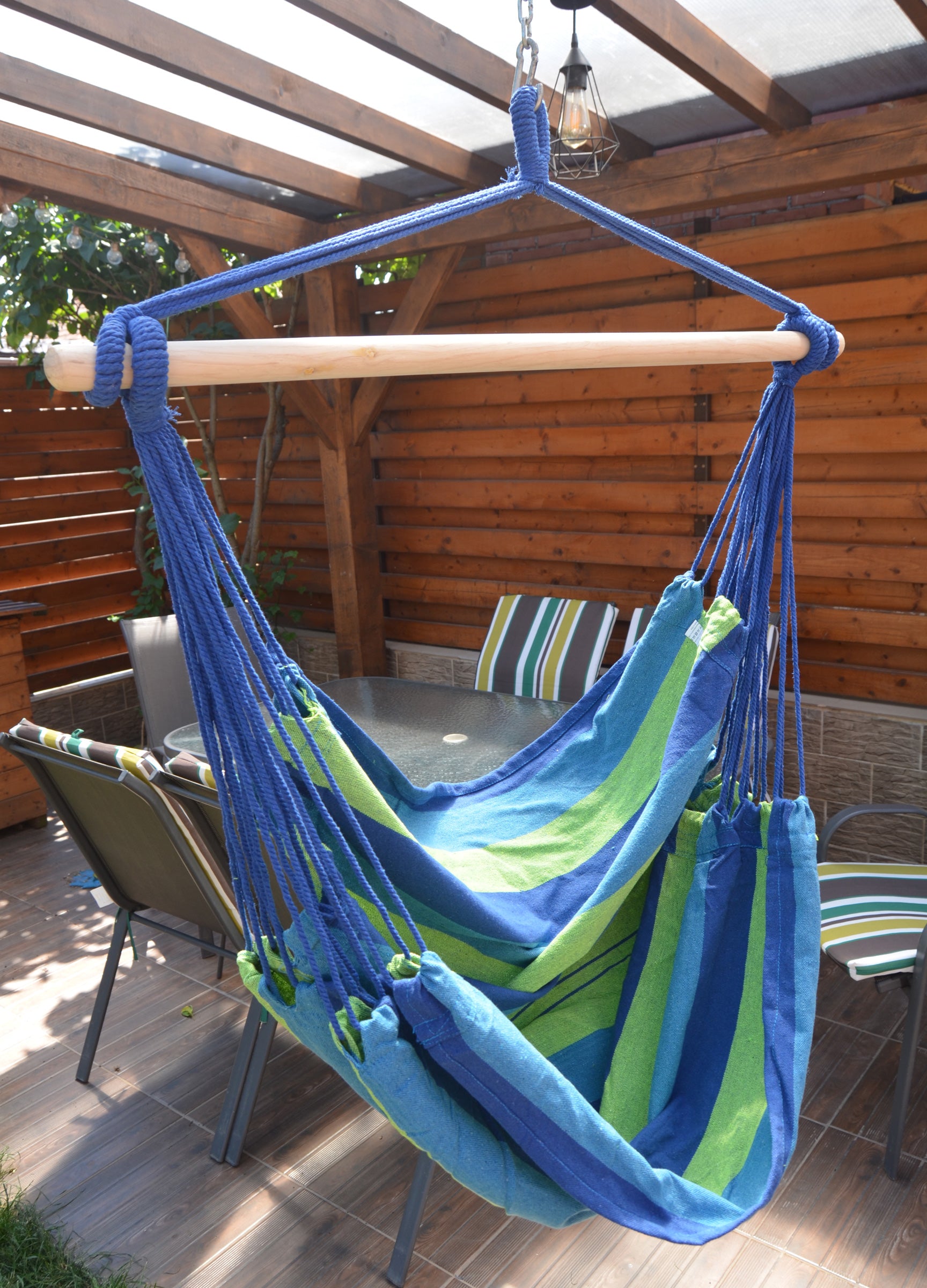 Hamac tip leagan suspendat pentru casa sau gradina, albastru-verde, 130x100cm, 150kg