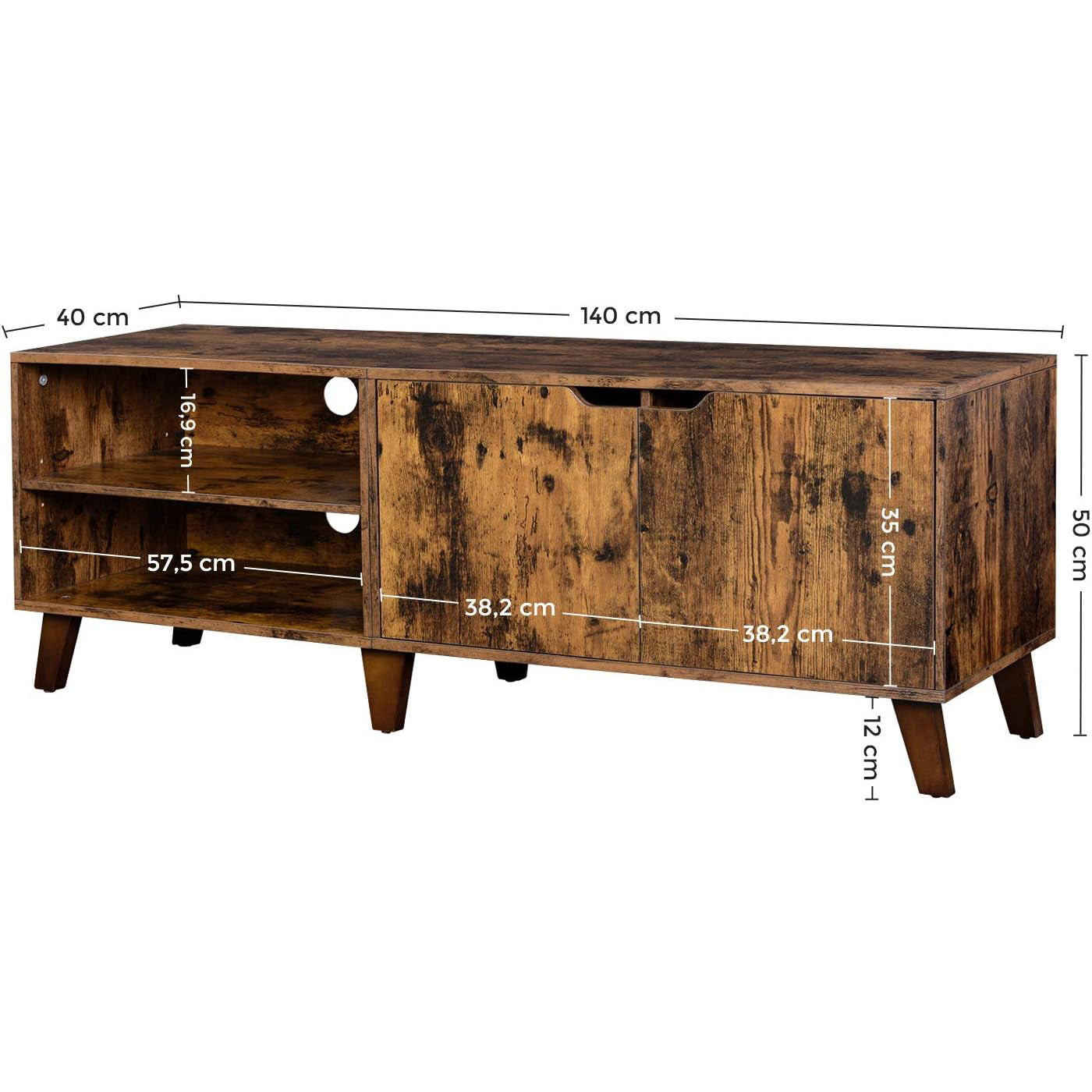 Comoda pentru TV, cu 2 usi si 2 rafturi deschise, 40x140x50cm, maro rustic