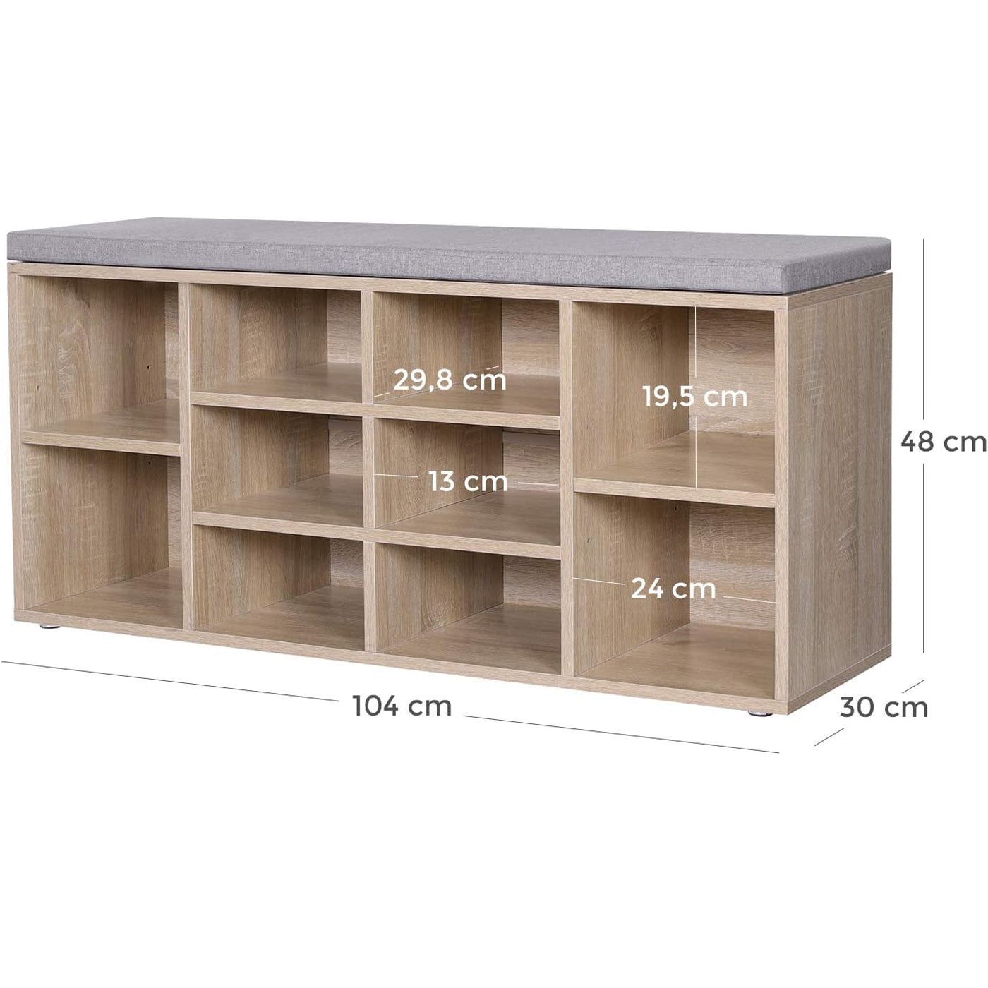 VASAGLE Banca pentru hol cu suport pentru pantofi, 10 compartimente, cu perna, 104x48x30cm, stejar