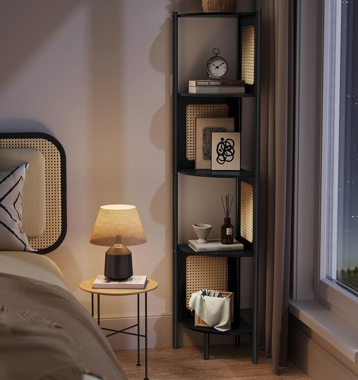 VASAGLE Raft de colt boho, cadru metalic, polite MDF si panouri poliratan, 32x32x156cm, negru - 4