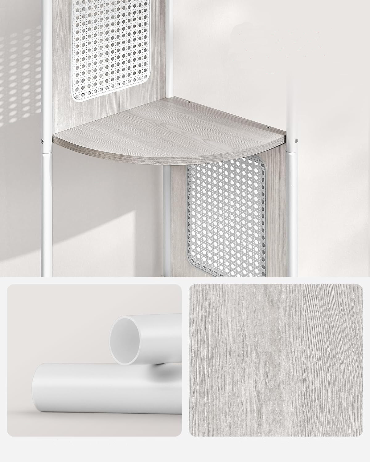 VASAGLE Raft de colt boho, cadru metalic, polite MDF si panouri poliratan, 32x32x156cm, alb - 5