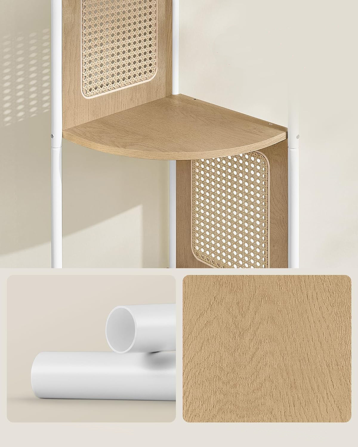 VASAGLE Raft de colt boho, cadru metalic, polite MDF si panouri poliratan, 32x32x156cm, bej - 5