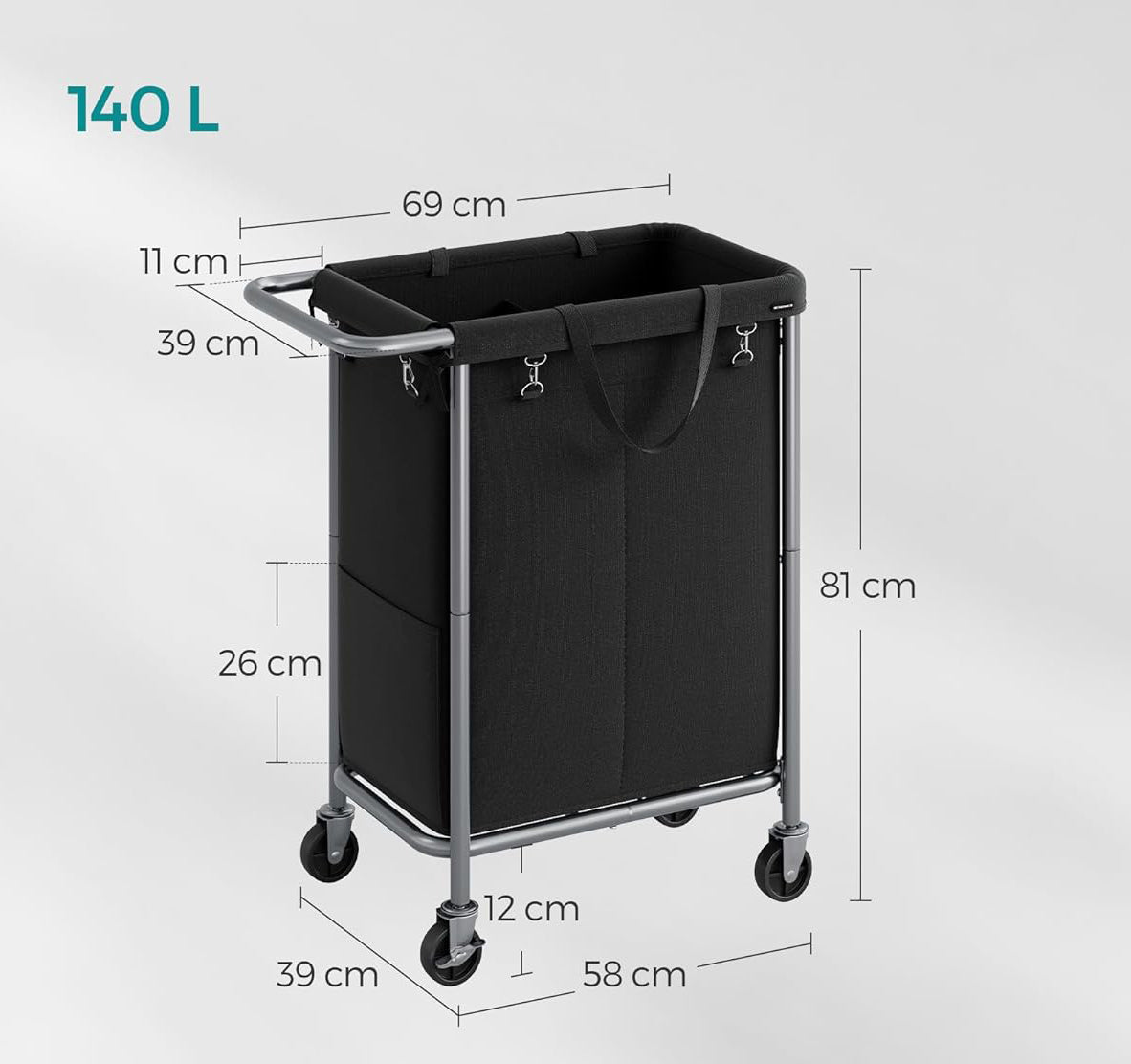 SONGMICS Cos de rufe cu roti, cadru din otel, sac detasabil cu 2 compartimente, 140 litri, 69x39x81cm, negru