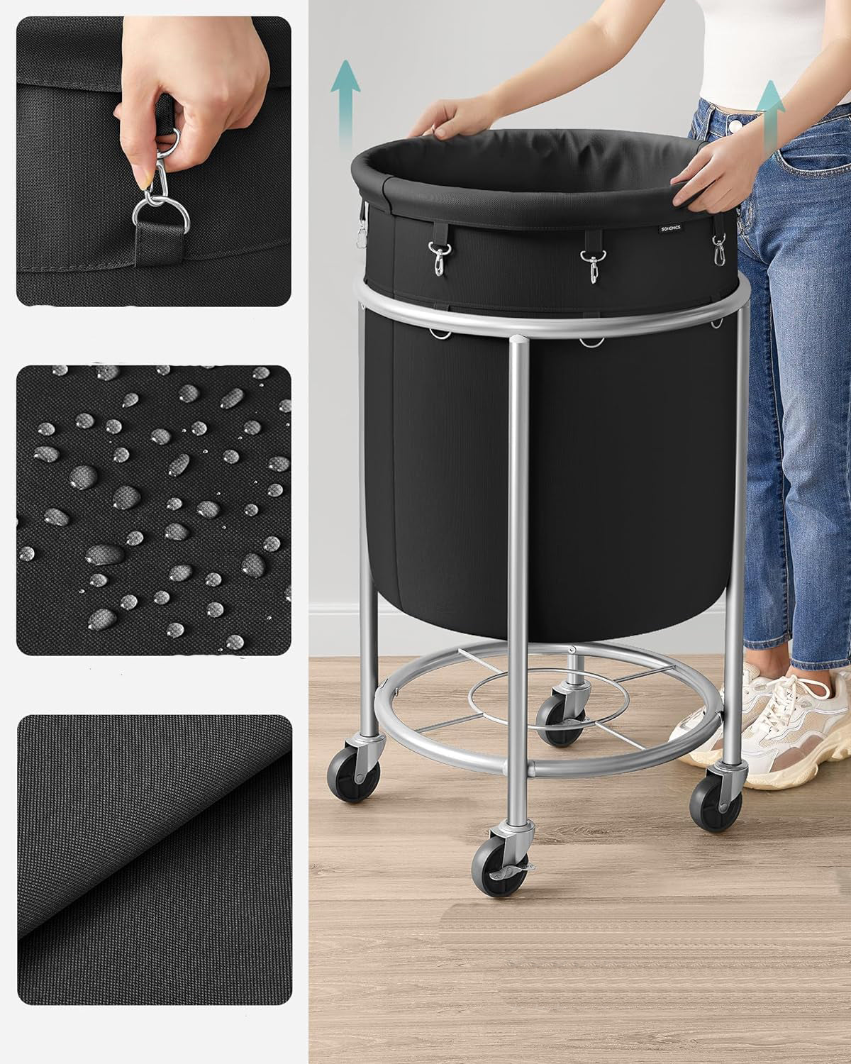SONGMICS Cos de rufe rotund cu roti, cadru din otel, sac de rufe detasabil, 110 litri, negru