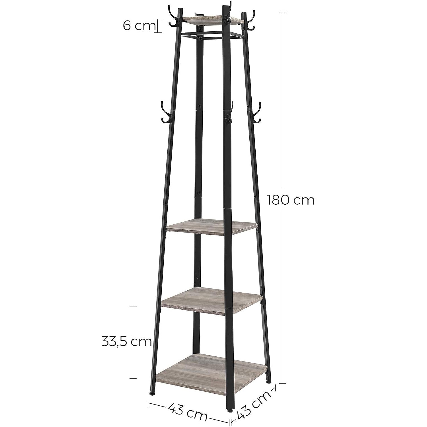 VASAGLE Cuier de haine cu 3 rafturi, suport cu carlige, din otel, 43x43x180 cm, stil industrial, gri si negru - 8