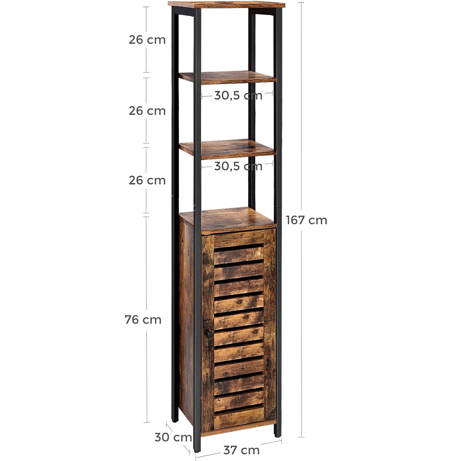 Dulap de depozitare in stil turn, 5 rafturi, compartiment cu usa, 37x30x167cm, maro rustic