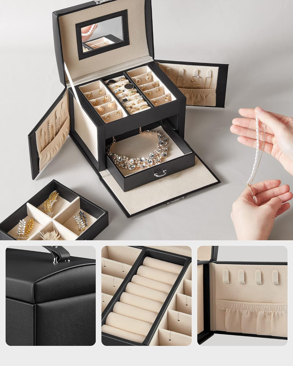 SONGMICS Cutie de bijuterii cu 3 nivele, 2 sertare, oglinda si incuietoare, 14x18x14cm, negru