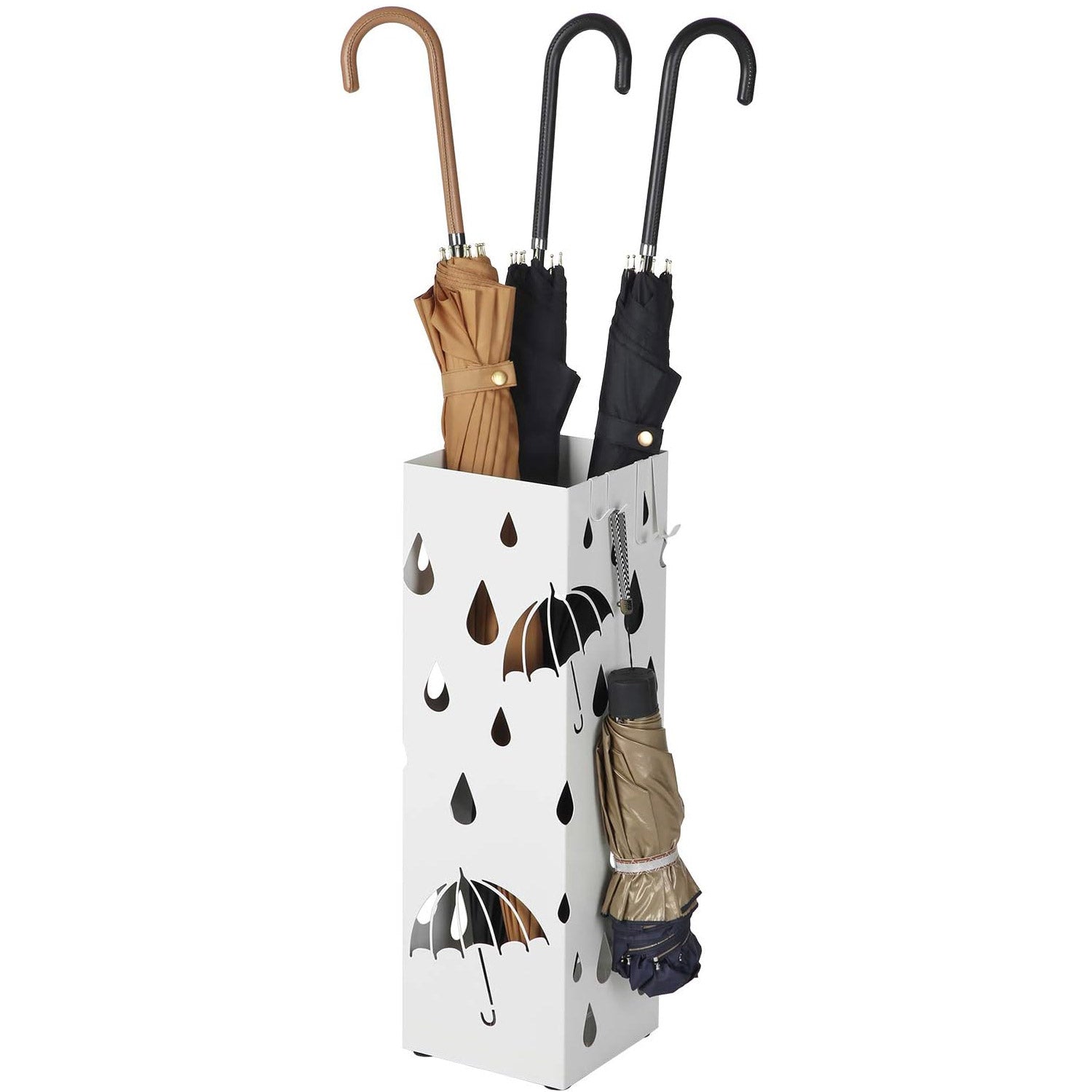 SONGMICS Suport metalic pentru umbrele, cu carlige si tava de picurare, 16x16x49cm, alb