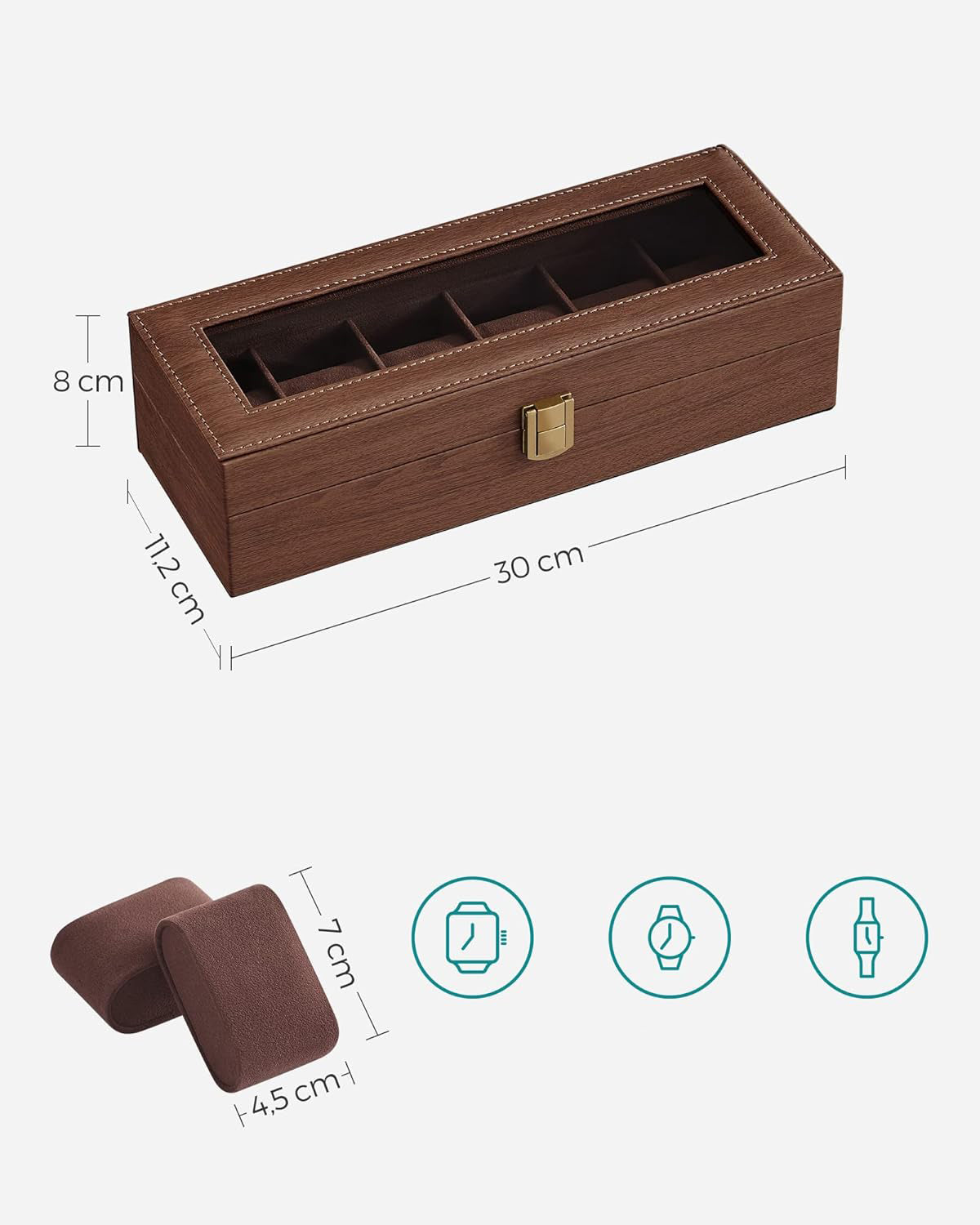SONGMICS Cutie depozitare si organizare ceasuri, cu 6 locuri, MDF, 30x11x8 cm, maro