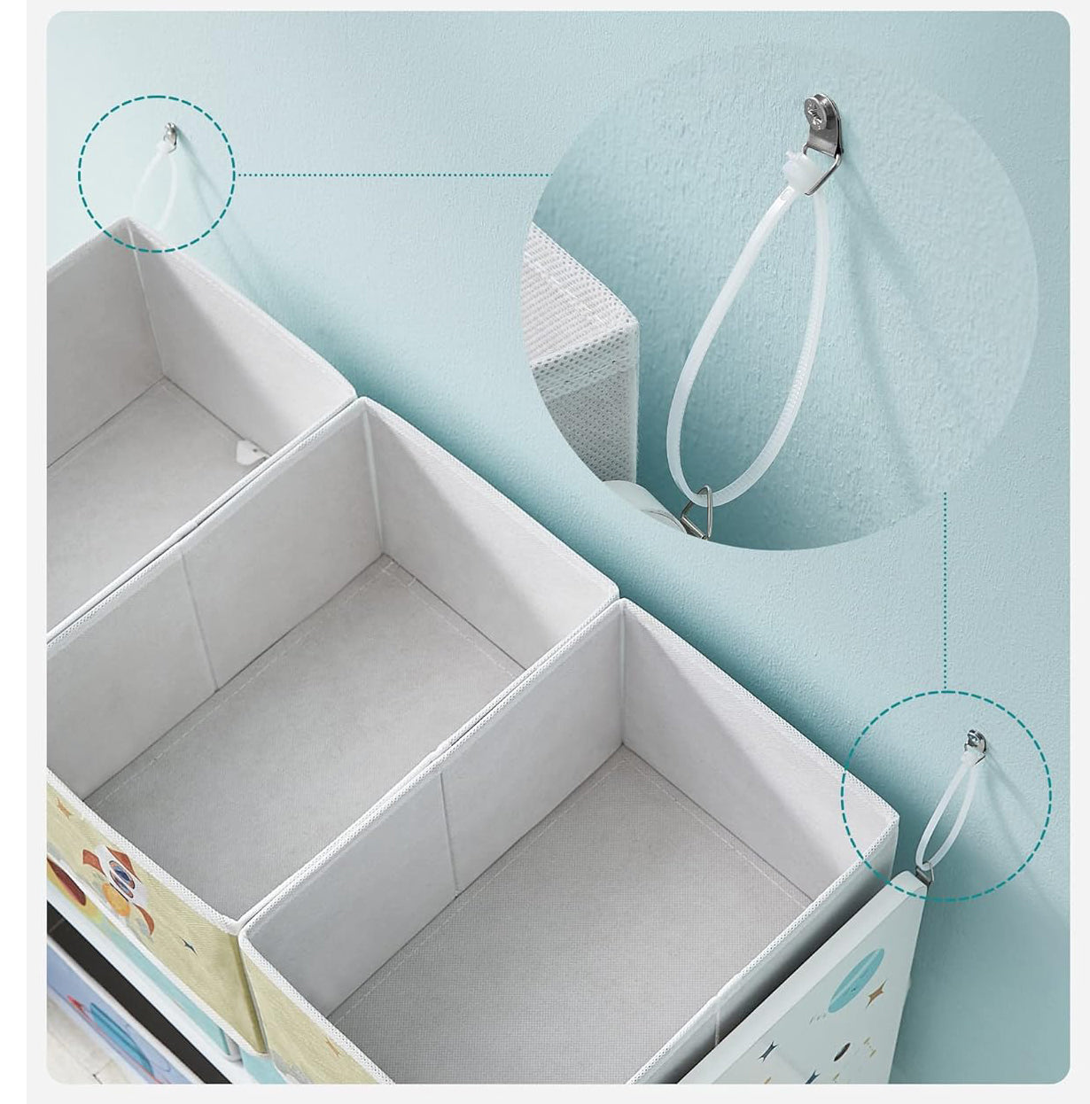 SONGMICS Raft de depozitare jucarii, 7 cutii detasabile din tesatura, 63x30x60cm, alb