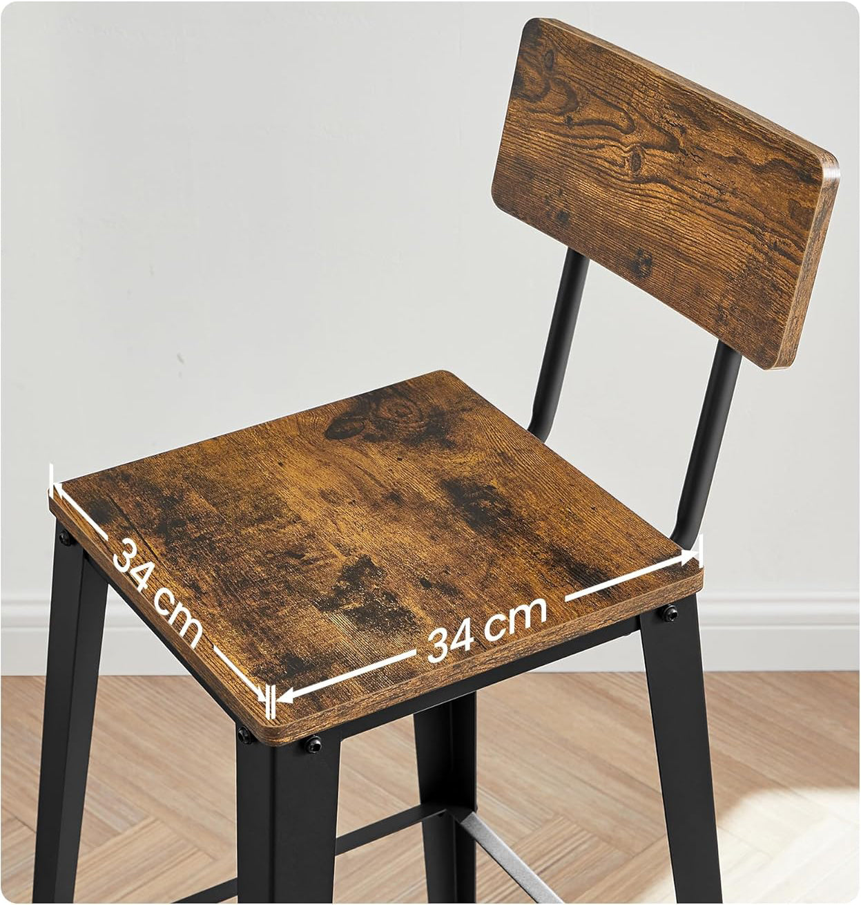 VASAGLE Set 2 scaune de bar, inalte cu spatar, industrial, 45x45x102cm, maro rustic si negru