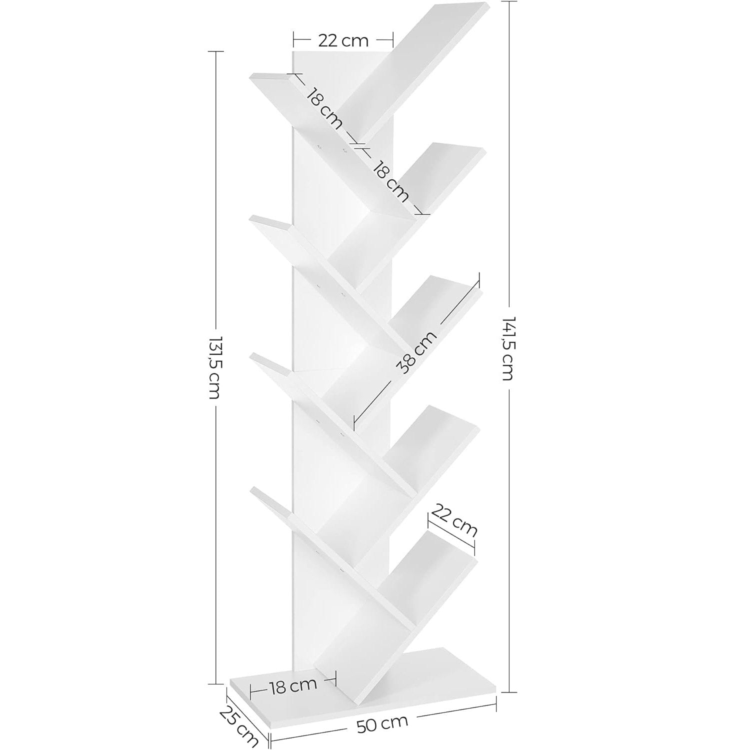 VASAGLE Biblioteca de podea cu 8 etaje, cu rafturi din lemn in forma V, 25x141x50cm, alb