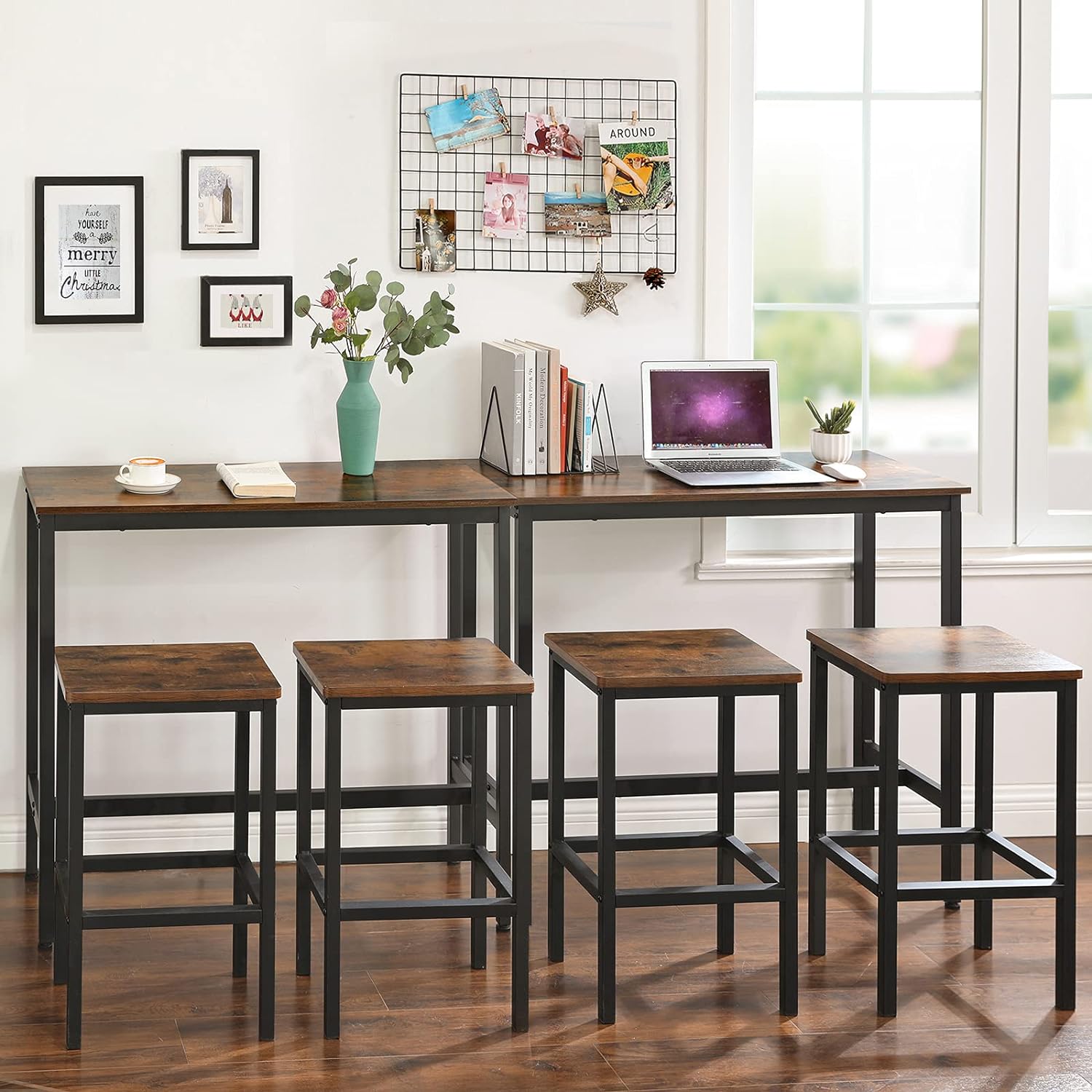 VASAGLE Masa de bar inalta, cadru metalic, design industrial, 100x40x90cm, maro rustic