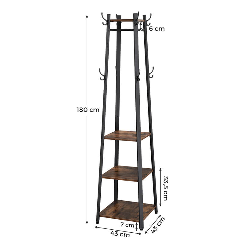 VASAGLE Cuier de haine cu 3 rafturi, suport cu carlige, din otel, 43x43x180 cm, stil industrial, maro rustic si negru