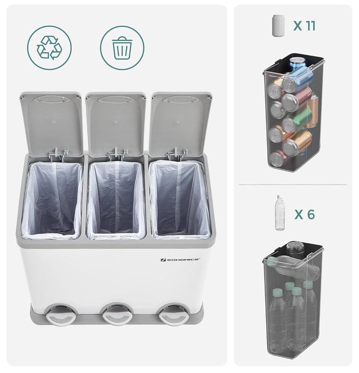 SONGMICS Cos de gunoi din otel cu 3 compartimente colectare selectiva, cu galeti interioare, 3x8litri, alb si gri