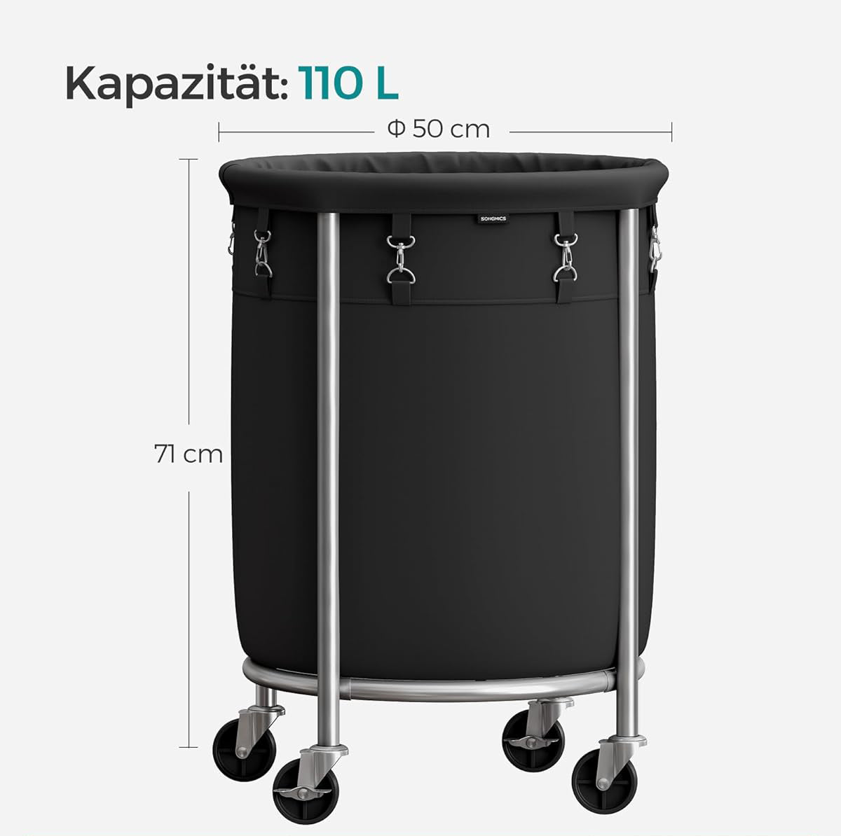 SONGMICS Cos de rufe rotund cu roti, cadru din otel, sac de rufe detasabil, 110 litri, negru