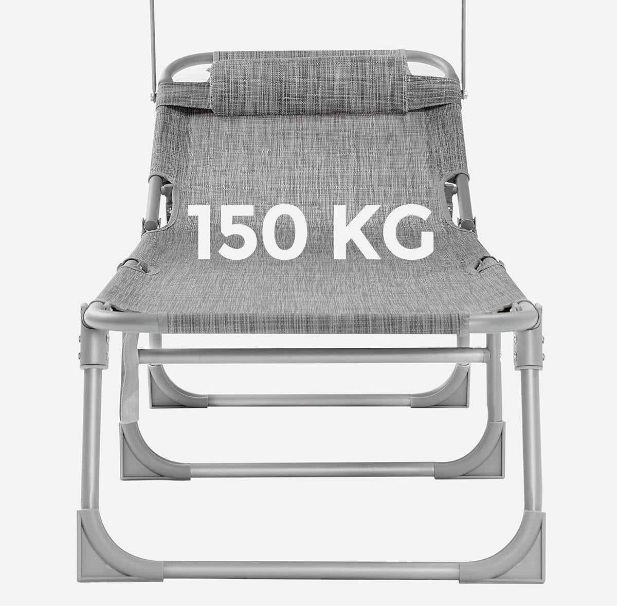 SONGMICS Sezlong pliabil, cu parasolar si tetiera, spatar reglabil in 4 pozitii, maxim 150kg, 193x53x29cm, gri deschis