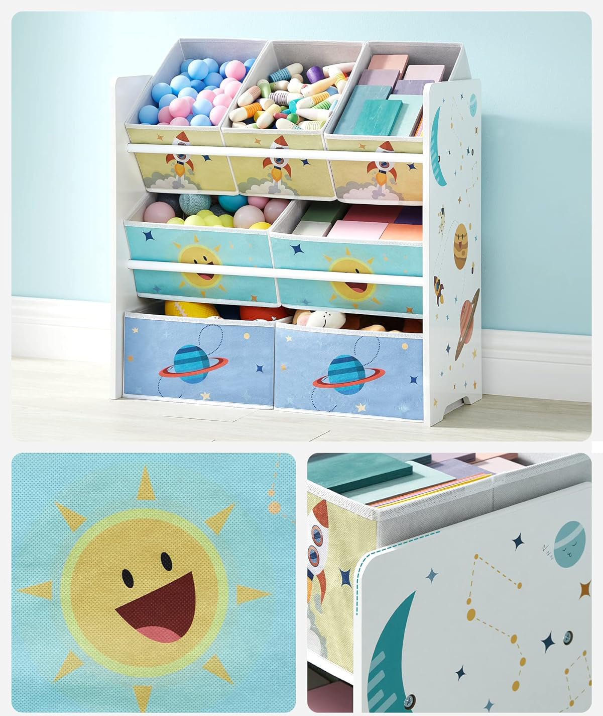SONGMICS Raft de depozitare jucarii, 7 cutii detasabile din tesatura, 63x30x60cm, alb