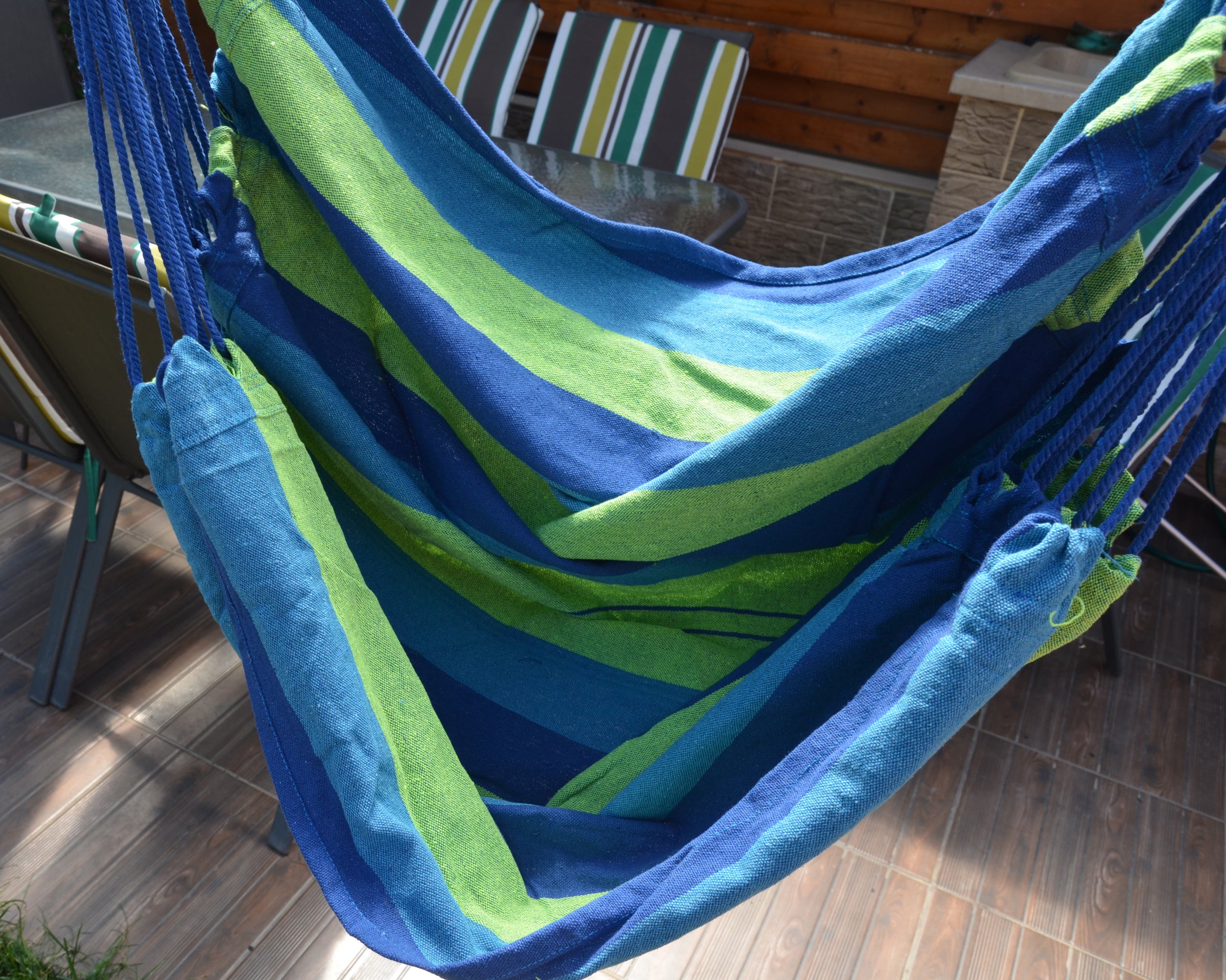 Hamac tip leagan suspendat pentru casa sau gradina, albastru-verde, 130x100cm, 150kg