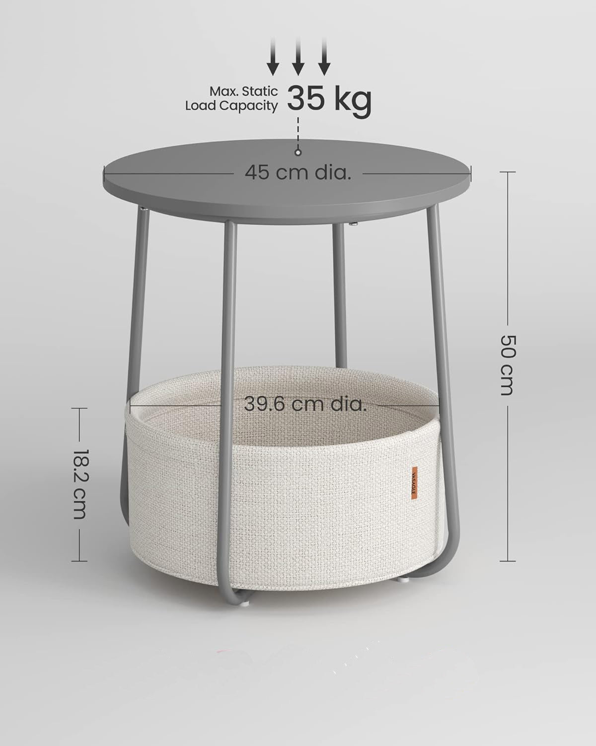 VASAGLE Masuta de cafea rotunda cu cos de stofa, stil modern, 45x50cm, gri