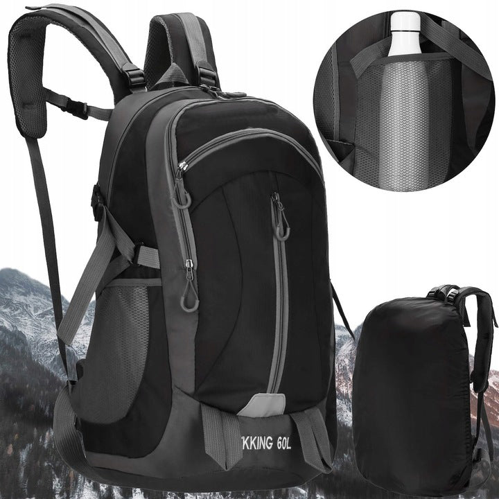 Rucsac tactic militar pentru drumetie, cu husa de ploaie, 60 litri, 25 kg, 60x43x22 cm, gri negru