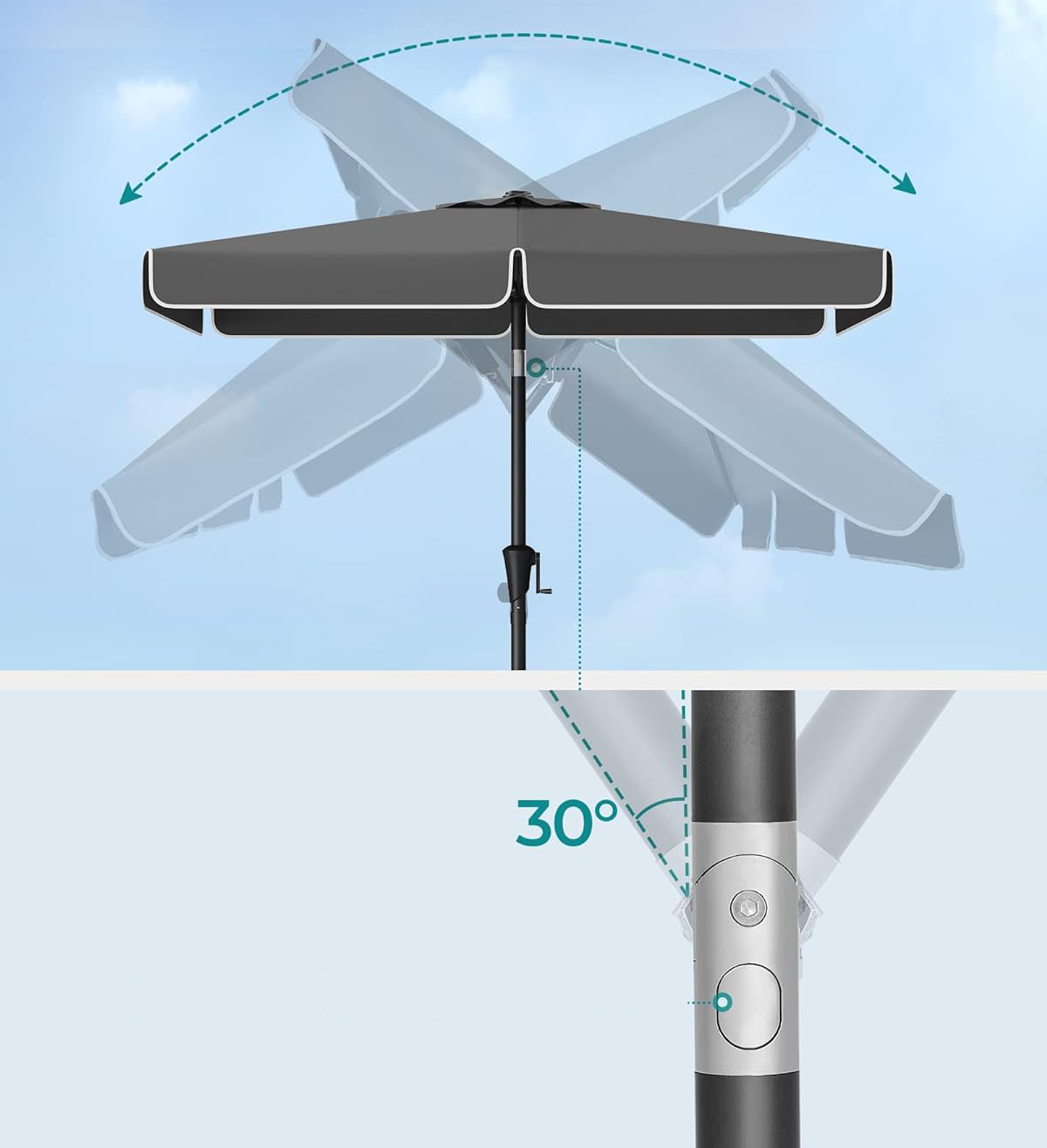 SONGMICS Umbrela de gradina cu manivela, 200x150 cm, UPF 50+, inclinare 30°, structura metalica, gri