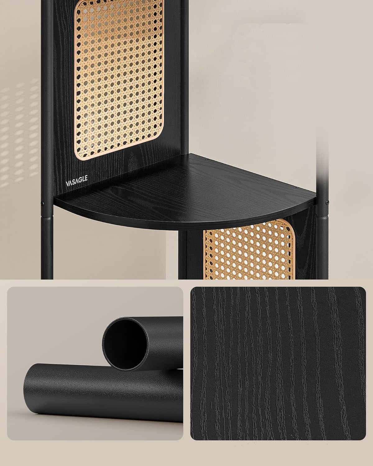 VASAGLE Raft de colt boho, cadru metalic, polite MDF si panouri poliratan, 32x32x156cm, negru - 5