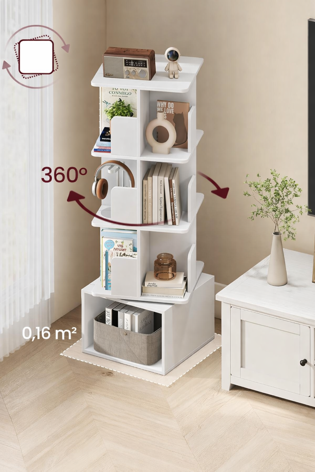 VASAGLE Biblioteca rotativa, MDF, cu 4 niveluri si compartimente deschise, montaj pe podea, 40x40x125 cm, alb