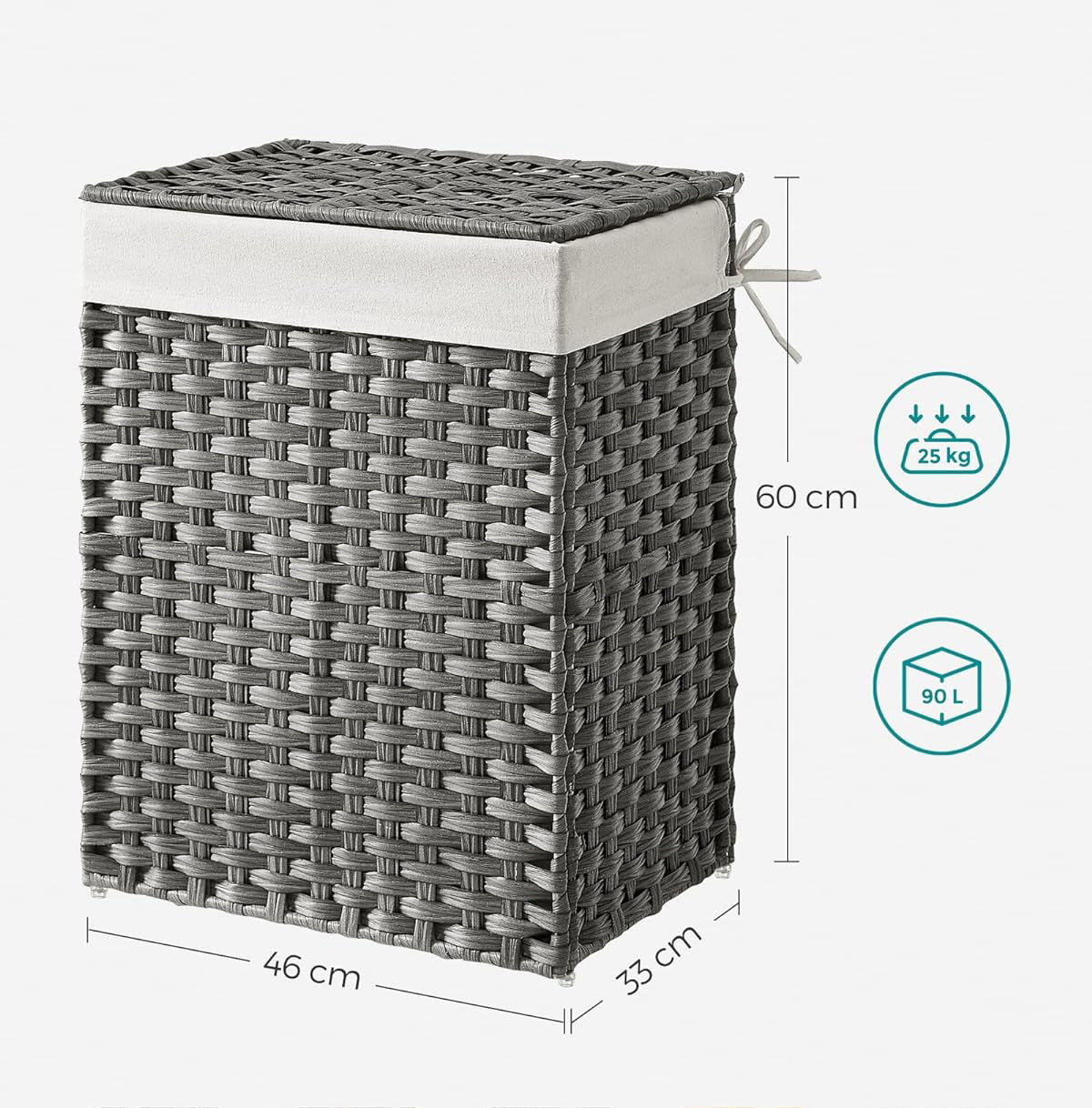 SONGMICS Cos de rufe din ratan sintetic cu capac, sac detasabil, volum 90L, 46x33x60cm, gri