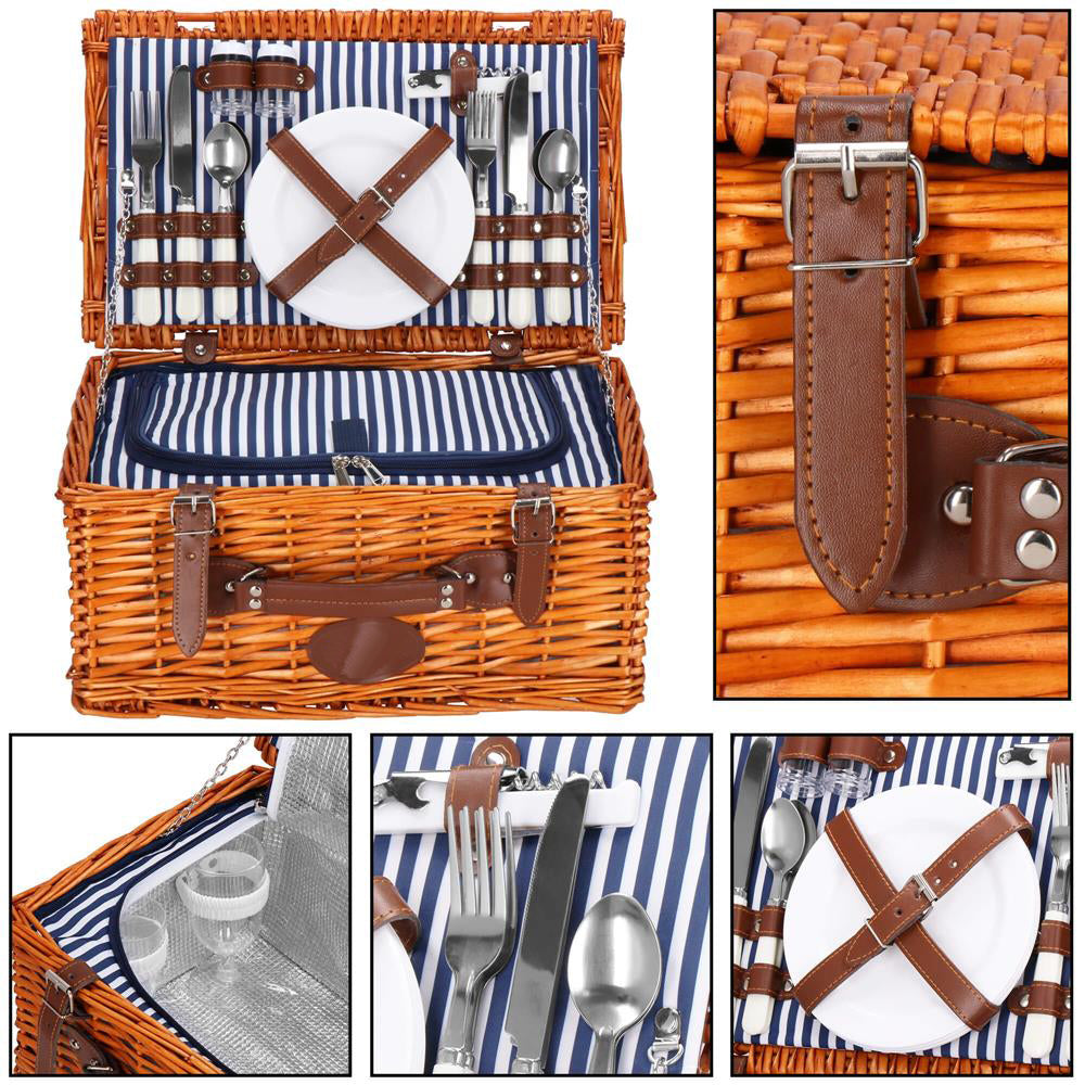 Cos de picnic echipat pentru 4 persoane Deluxe, din rachita, cu vesela si tacamuri, frigorific