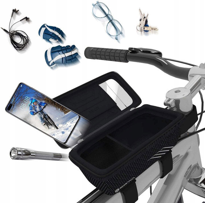 Borseta pentru bicicleta, impermeabila, cu husa pentru telefon, montare pe bara, 19,5x11x9cm