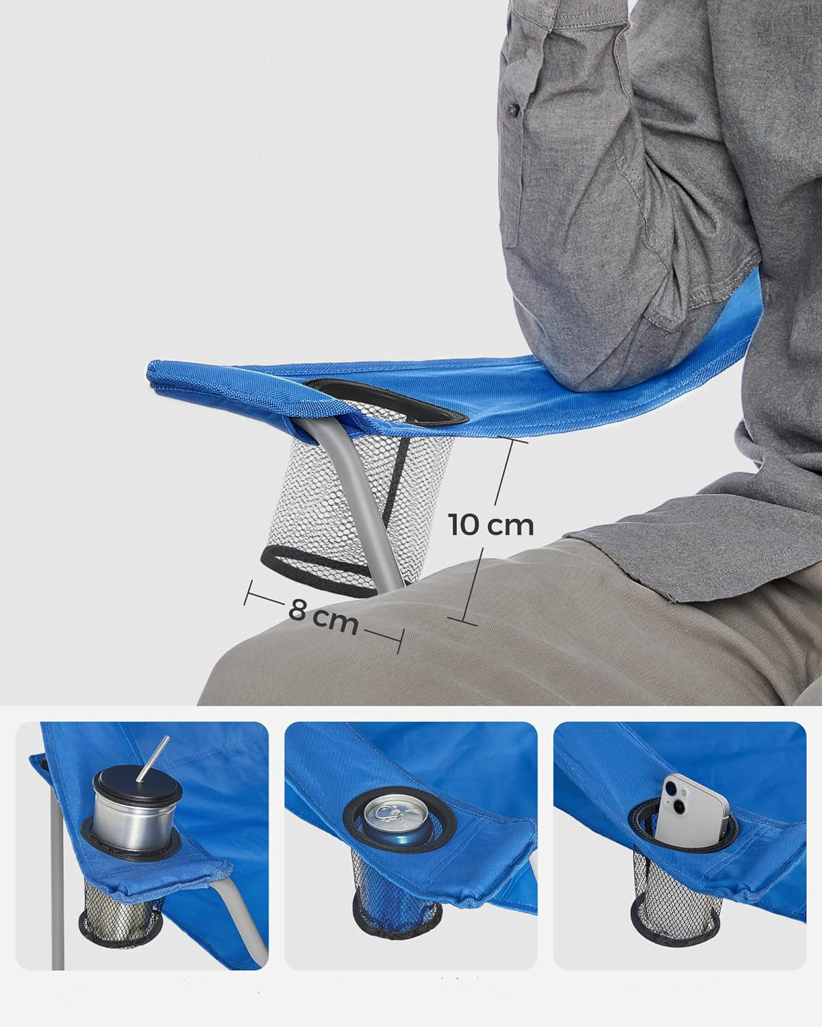 SONGMICS Set 2 scaune pliabile de camping sau pescuit, suport pahar, maxim 150kg, albastru