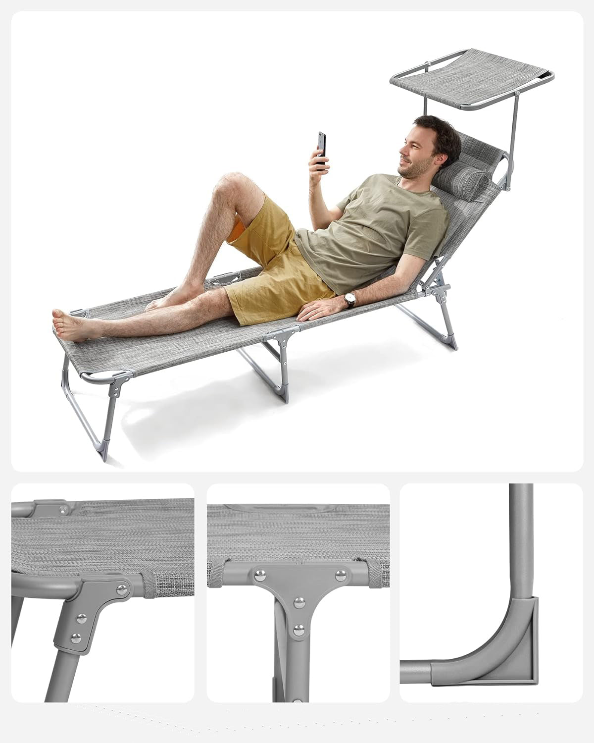 SONGMICS Sezlong pliabil, cu parasolar si tetiera, spatar reglabil in 4 pozitii, maxim 150kg, 193x53x29cm, gri deschis