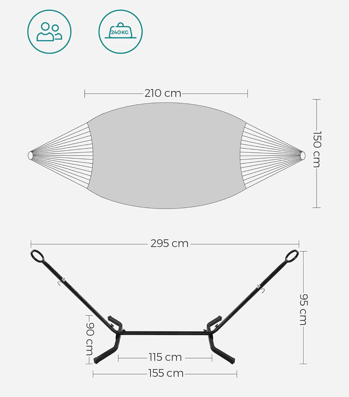 SONGMICS Hamac cu cadru metalic, reglabil la 5 inaltimi, maxim 240 kg, 300x90x95cm, bej