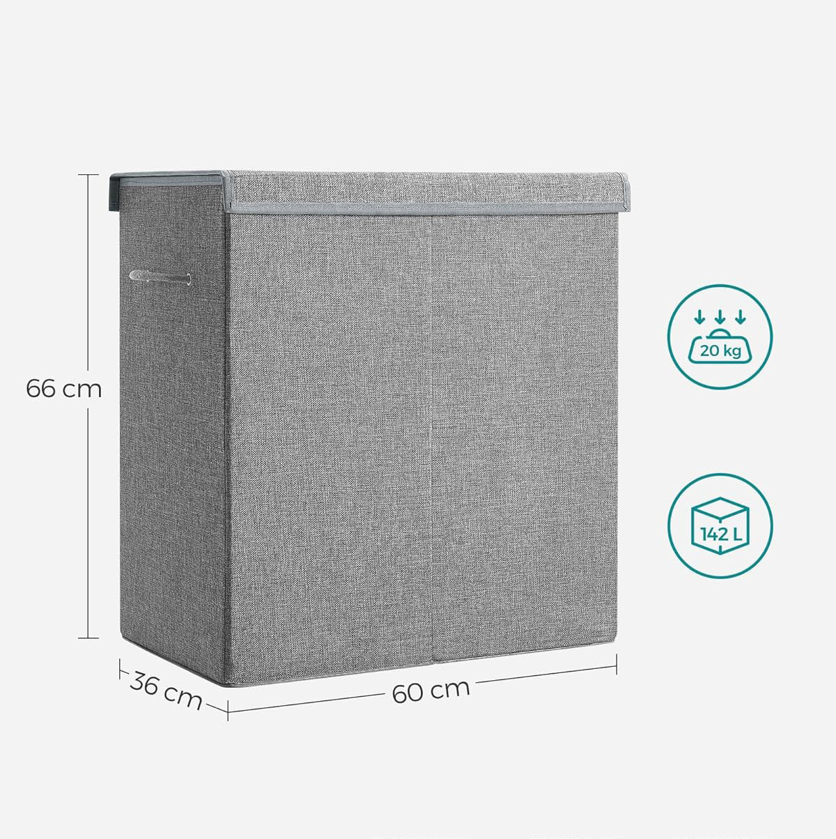 SONGMICS Cos de rufe textil, pliabil, 2 compartimente, saci detasabili, 142L, 60x36x66cm, gri