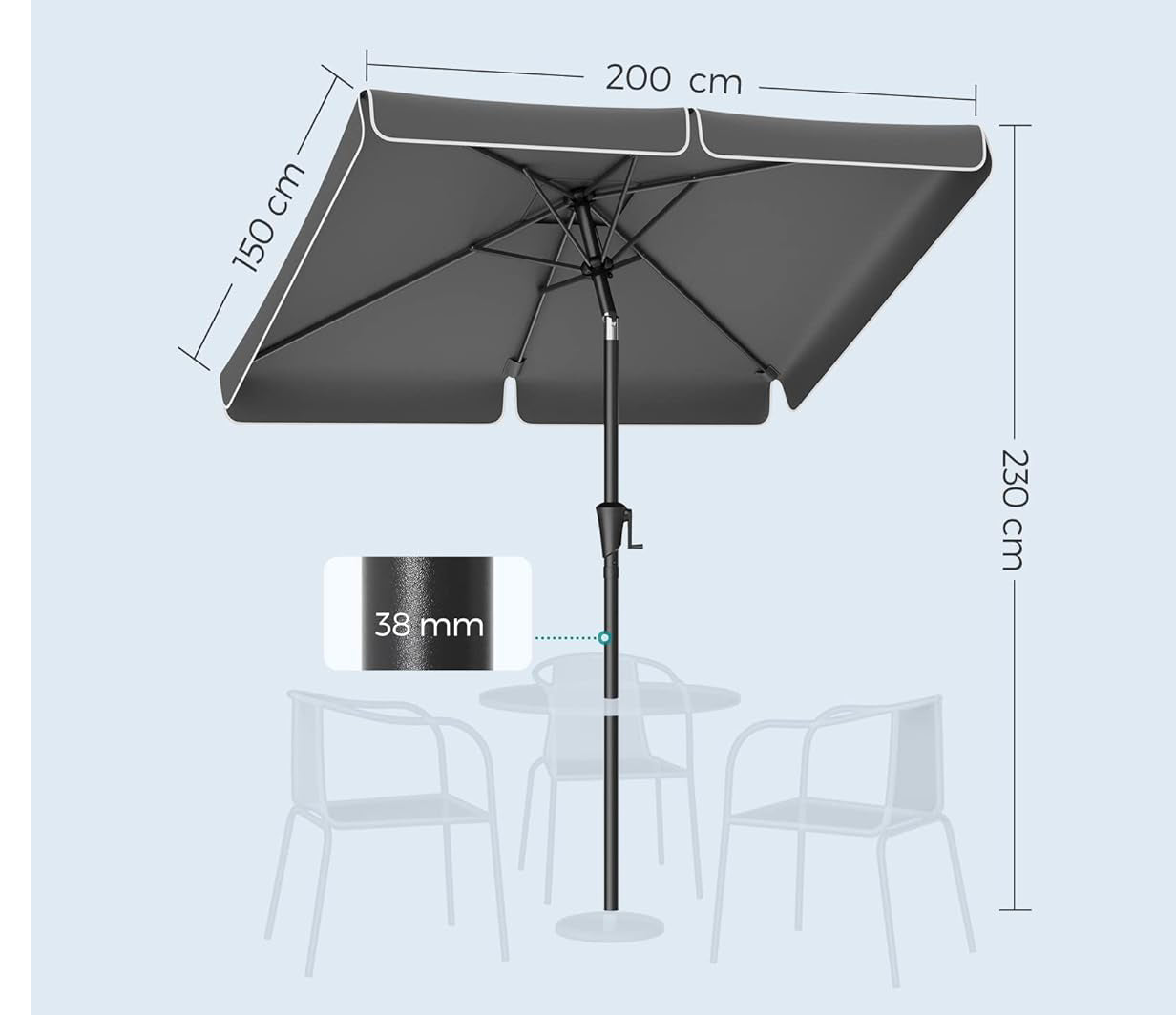 SONGMICS Umbrela de gradina cu manivela, 200x150 cm, UPF 50+, inclinare 30°, structura metalica, gri