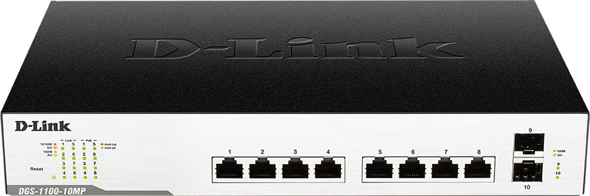 SWITCH PoE D-Link Smart 8 porturi Gigabit (8 PoE) + 2 porturi SFP, IEEE 802.3af/at, carcasa metalica, rackabil 