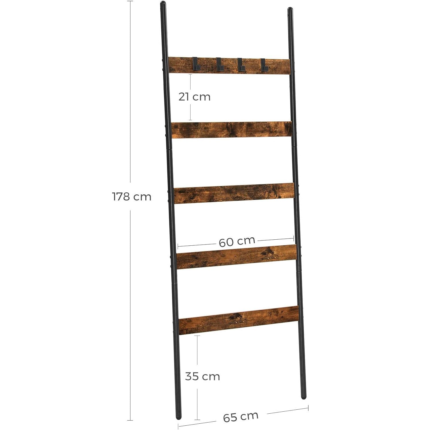 VASAGLE Cuier baie tip scara inclinata, cadru din otel cu 5 nivele, agatatori detasabile, 65x178cm, maro rustic si negru