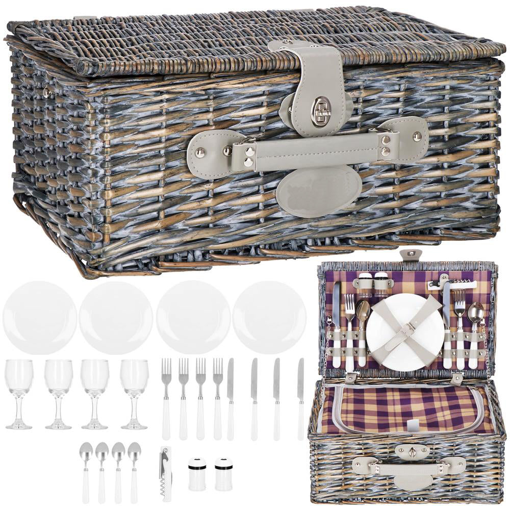 Cos de picnic echipat pentru 4 persoane Deluxe, din rachita, cu vesela si tacamuri, izolat termic, gri